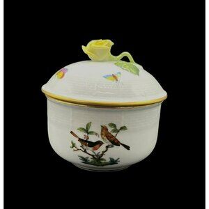 Herend Rothschild Bird Covered Sugar Dish with Yellow Rose Hand Painted Excellen